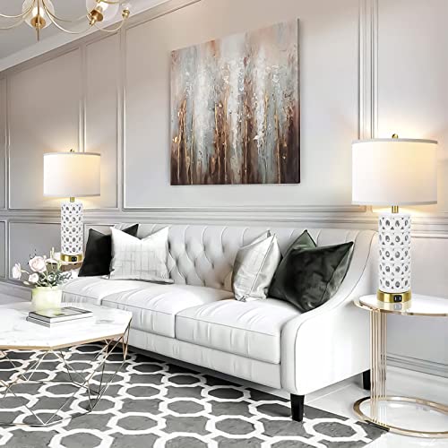 Qimh White Ceramic Table Lamp Set Of 2, Modern Bedside Nightstand Lamp For Living Room Bedroom Decor, 3 Way Dimmable Touch Control Led Light With Dual Usb, Linen Fabric Shade Farmhouse Lamps #TOP4