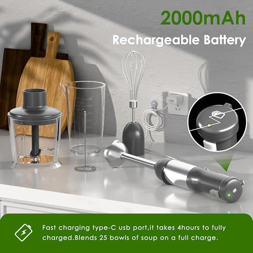 Image of Cordless Immersion Hand Blender, 5-in-1 Variable Speed blender handheld,Rechargeable with 2000mAh Battery, BPA-Free & Dishwasher-Safe Accessories:700ml Beaker,Chopper,Whisk & Milk Frother,Grey