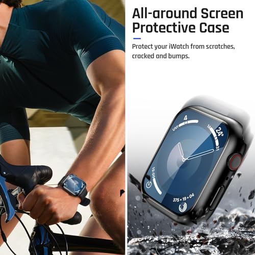 جراب مقاوم للماء متوافق مع ابل ووتش سلسلة 7 / 8 قياس 45 ملم، شاشة حماية-الزجاج المقوى، ذو وجه صلب وتغطية كاملة، مصنوع-مادة البولي كربونات وممتص للصدمات للرجال والنساء اسود
