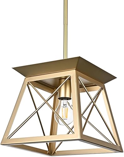 A1A9 Candelabro de casa de campo dorado, moderno geométrico industrial, colgante de isla de cocina, 1 luz para comedor, pasillo, entrada, vestíbulo,