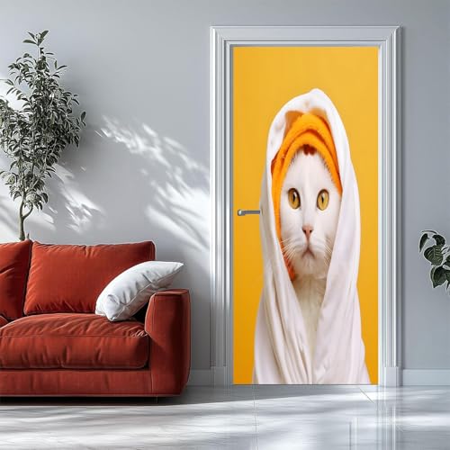 Pegatinas 3D para Puertas de Interior Gato Amarillo Mural de Puerta Autoadhesivo, Extraíble, para Dormitorio, Sala de Estar, decoración del Hogar, 90 X 210 Cm