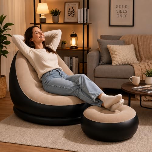 Image of Inflatable Air Sofa Chair with Ottoman & Automatic Electric Pump, Portable Flocked Blow Up Lounge Chair for Living Room, Bedroom, Camping & Outdoor Use (Coffee)