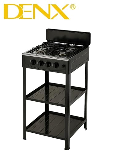 DENX موقد غاز بأربعة شعلات مع حامل معدني، أسود، مع رفوف تخزين، للاستخدام الداخلي والخارجي