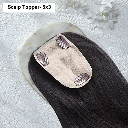 Image of Hair Originals 100% Human Hair Extensions for Women, Clip in Scalp Topper /Hair Topper, Silk Based- (5 inchx3 inch, 18 Inches, Natural Black)