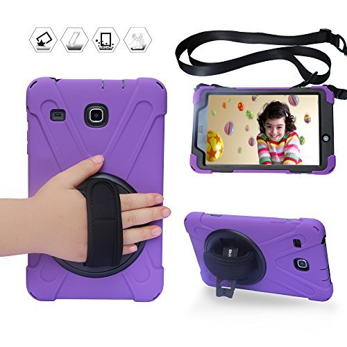 BRAECN for Galaxy Tab E 8.0 Case with 360 Degree Rotation Stand/Hand Strap and Shoulder Strap Case [Shock Proof] Hybrid pc+Silicone Cover for Samsung Tab E 8'' SM- T375/ SM-T377/SM-T378 Case (Purple)