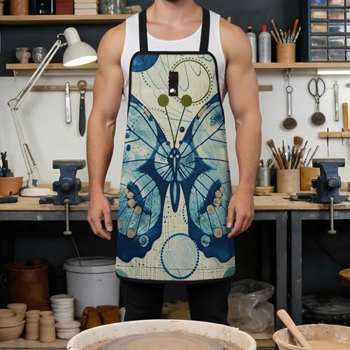 Delantal de trabajo impermeable con bolsillos y diseño mariposa azul miniatura 4