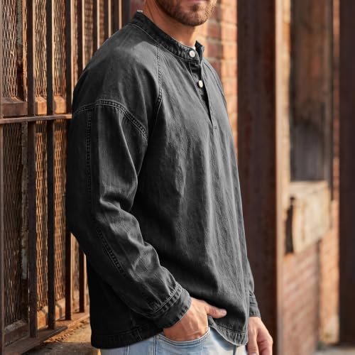 Denim Shirt Men Washed Button Down Henley Polo Jean Shirt Denim Top - image 3