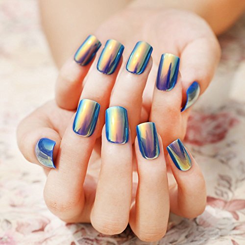 YUNAI Nail Art Symphony Shell Color Blue Metal Shine Fake Fingernails Artificial False Nail Tips for Women 24pcs/set