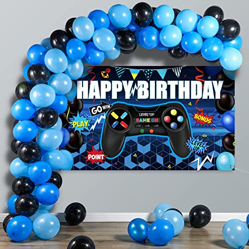 Video Game Birthday Party Decorations Set Gaming Happy Birthday Supplies Includes Video Game Backdrop, Table Covers, Balloons And Foil Gamer Balloons For Birthday Party (Blue And Black) #TOP4