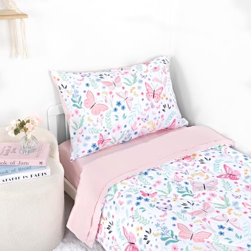 Image of Toddler Bedding Set for Girls 4 Pieces Butterfly, Soft Breathable Toddler Comforter Set, Flower Print, Includes Reversible Comforter, Fitted Sheet and Flat Sheet, Pillowcase
