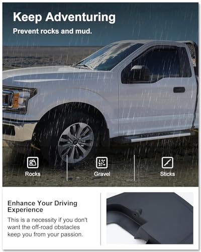 Image of Kiwi Master Mud Flaps for 2015-2020 Ford F-150 (with OEM Fender Flares), OEM Replacement # FL3Z-16A550-AA, FL3Z-16A550-BA, Heavy Duty Mud Guards, Front & Rear Splash Guards, No Drill, 4 Pcs Set