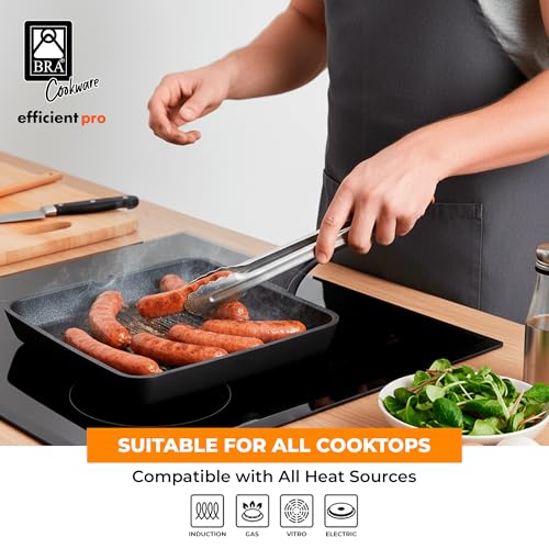 Image of BRA COOKWARE Efficient Pro Nonstick Grill Pan | 11x11 Inch Aluminum Ribbed Skillet | 3-Layer Scratch Resistant Coating Frypan | PFOA Free | All Cooktops Compatible Grilling Pan | HeatResistant Handle