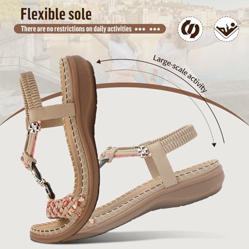 Image of Littleplum Women Sandals Arch Support Handmade Bohemian Braided Flat Sandals Comfort Walking Beach Ankle Elastic Summer Shoes