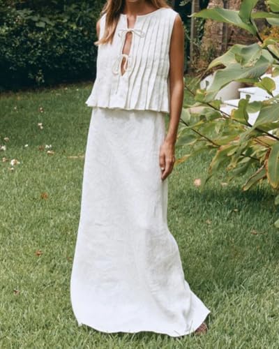 Linen 2 Piece Set: Women's White Tie Front Sleeveless Pleated Top + Loose Maxi Skirt3