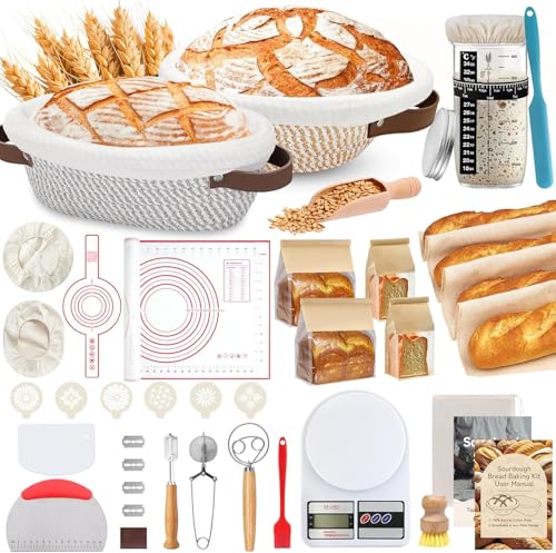 38 Pcs Sourdough Starter Kit for Beginners Sourdough Bread Baking Supplies Set with 10 Round & Oval Banneton Proofing Baskets Starter Jars Liners Covers & Artisan Bread Baking Tools