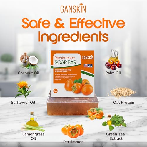 Ganskin Persimmon Soap Bar for Body Odor Control – Purifying Deodorizing Body Wash with Japanese Persimmon & Green Tea Extract for Eliminating Body Odor – Deodorant Soap for Skin Cleansing