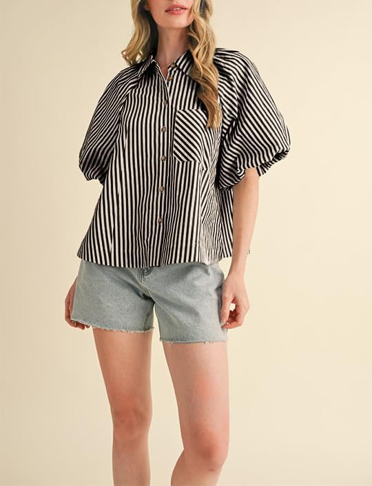 Women's Striped Button Down Shirt Puff Sleeve Collared V Neck Loose Casual Dressy Blouse Top - Image 3