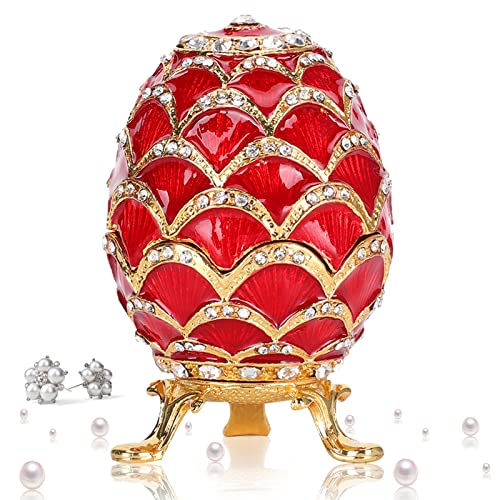 Pintado a Mano Joyero esmaltado en Forma de Huevo, bisagras con Diamantes de imitación Huevos de fabergé Caja de baratija Decorativo Organizador de joyería para decoración del hogar 2.2x3.5 Pulgadas Cover