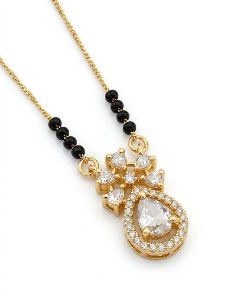 sukun enterprise Gold-Plated Mangalsutra with Black Beads Chain and CZ Diamond Teardrop Pendant-picture-22