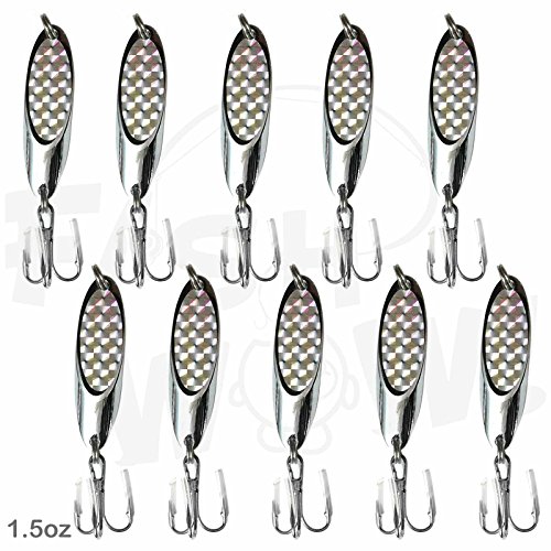 10pcs 1.5oz 1-1/2oz Fishing Kast Spoon with a Treble Hook Fish Chrome Jig Bait Lures Holographic Laser Silver Tape Kast Master Style Champ Spoons - Fish WOW!
