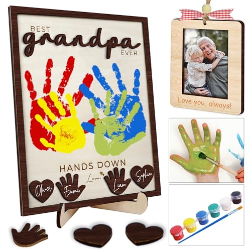 Product Image of the 10' Hands Down Best Grandpa Ever DIY Handprint Kids Gifts Frame with Paints, Grandpa Crafts from Grandkids Family Keepsake Plaque Birthday Gift Father's Day for Pops, Papa HF610