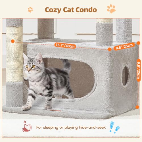 Image of Taoqimiao Cat Tree, 38.5In Cat Tower for Indoor Cats, Suitable for Kittens | Thick Padded Top Perch, Luxurious Cat Condo, Adjustable Basket, 1-Piece Ramp Scratcher, 3 Sisal Posts, Light Gray, MS029SW