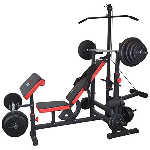 Train Hard Multifunktion Hantelbank Kraftstation inkl. Latzug, Bauchtrainer, Armcurl und Beincurl mit Hantelset aus Langhantel, Curlhantel und Stange Gewichten 50kg bis 160kg
