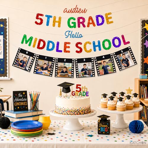 Image of KatchOn Glitter Bye Bye 5th Grade Hello Middle School Banner 10 feet Elementary Graduation Banner, Elementary Graduation Decorations 2026, 5th Grade Graduation Decorations