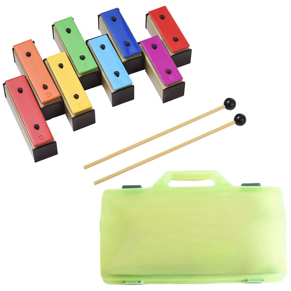 1 juego de 8 notas xilófono colorido Glockenspiel iris placas de metal resonador con mazos de plástico caja verde