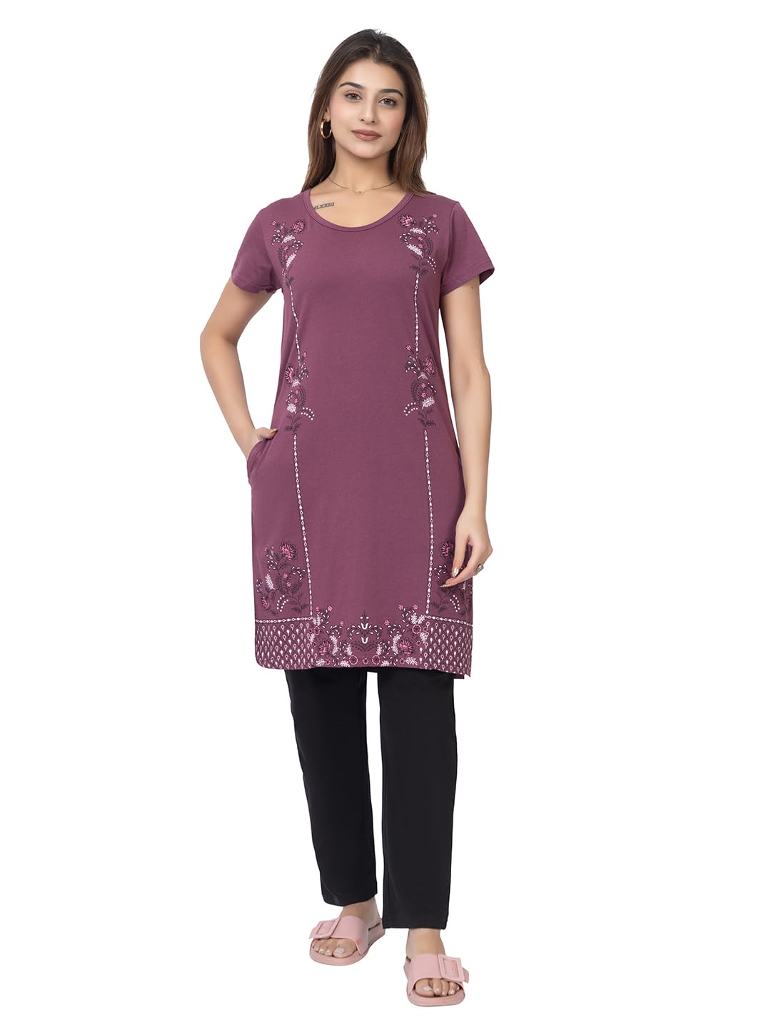 Women’s Nightsuit Set | Floral Printed Short Sleeve Tshirt with Solid Pajama | Soft & Comfortable Sleepwear for Daily Wear-image-14