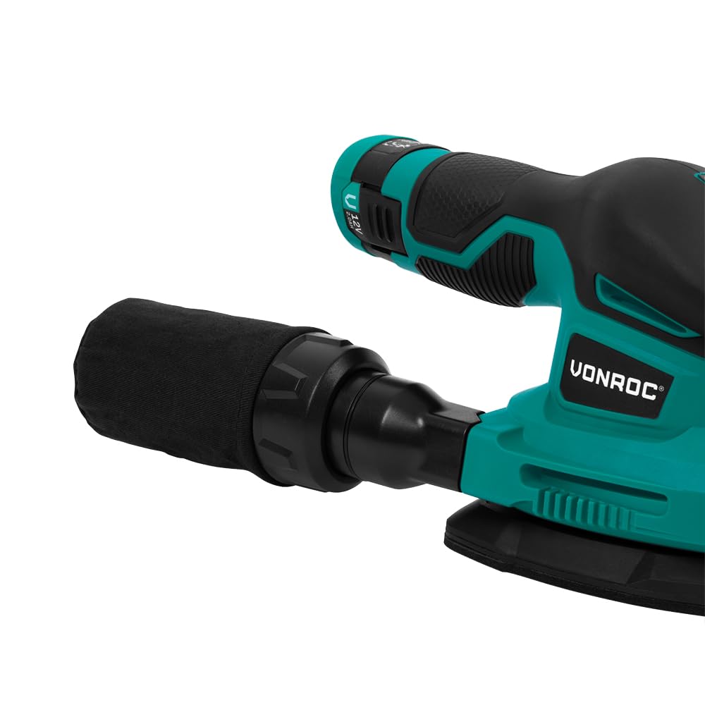 VONROC Ponceuse Delta 12V Verte – Compacte & Ergonomique pour Coins et Détails – avec Batterie 2.0Ah, USB-C, Sac à Poussière et Abrasifs – Ponçage Bois, Peinture, Meubles