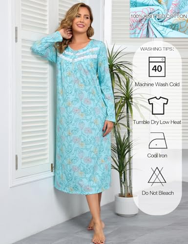 Image of IZZY + TOBY Nightgowns for Women Long Sleeve Soft Cotton Long Warm Nightdress Kintted Night Gown