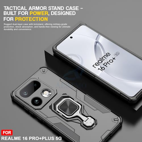 Image of AESTMO Armor Back Cover for Realme 16 Pro Plus 5G | Ring Holder & Kickstand & Camera Protection in-Built | 360 Degree Protection Back Case Cover for Realme 16 Pro Plus 5G (Black)