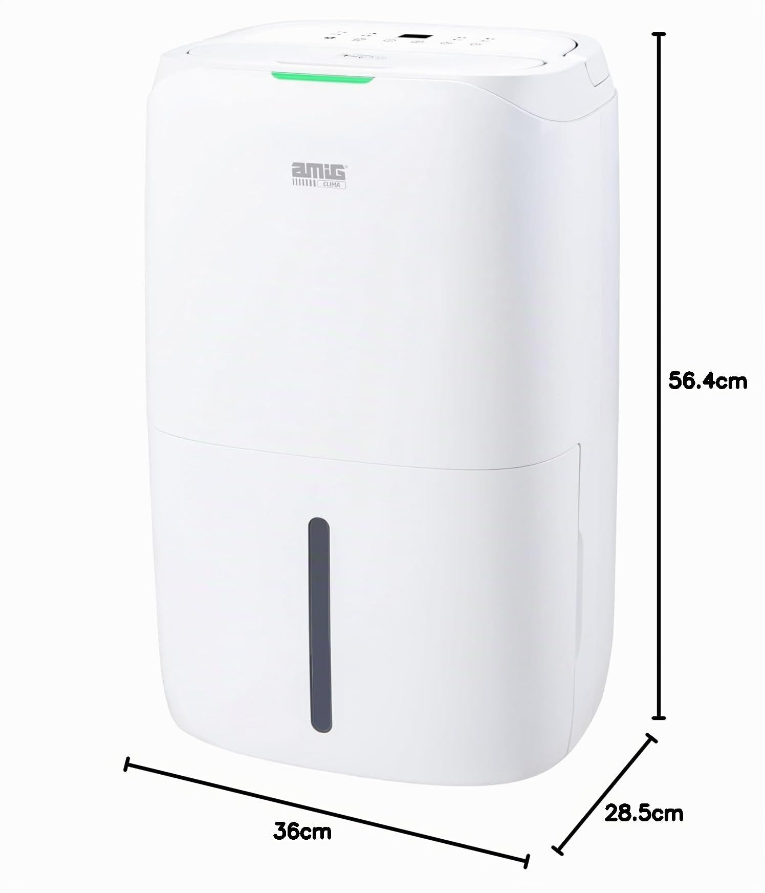 Amig – Deshumidificador MIST - Capacidad 16L/día - Depósito extraíble 5,5L - Control de Humedad y Temporizador - 36 x 28 x 56 cm - 210W - Cobertura 150m3/h - Silencioso 39 dB - Secado de Ropa