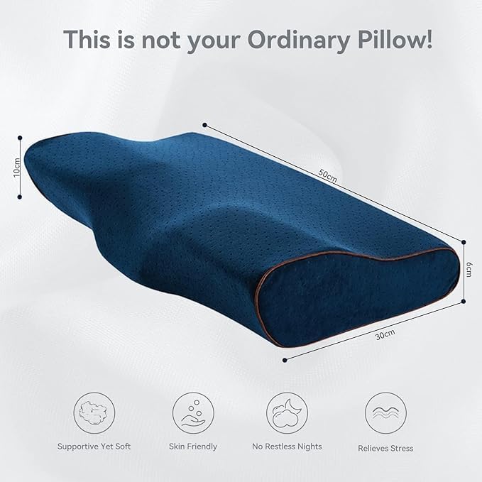 Image of Cervical Contour Memory Foam Pillow for Sleeping,Orthopedic Pillow for Neck Pain, Support for Back,Stomach,Side Sleepers, with Breathable Zip Cover (19X12X4INCH) (White) (Velvet Navy)