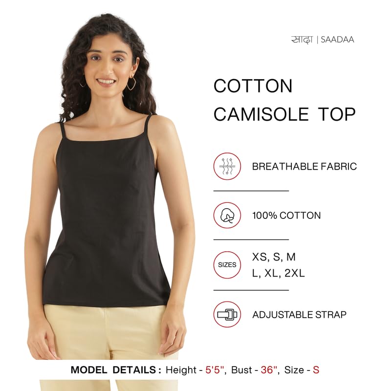 Image of SAADAA Women's 100% Cotton Camisole Top | Soft & Breathable Cambric Fabric | Adjustable Straps, Square Neckline | Comfortable All-Day Wear