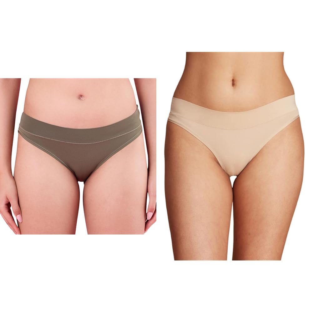 Ultra-Comfortable and Flexible Everyday Stretch Panties with No Waistband Marks | Nylon | Full Coverage | Mid Waist | Solid Bikini, NYP341, Olive & Skin, | L | Pack of 2-image-18