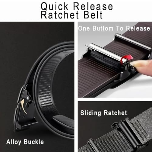 Men's Leather Ratchet Belt, Automatic Slide Buckle, Black, Adjustable Fit2