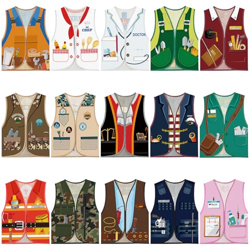 YFNVH 15-teiliges Kinder Rollenspiel Kostümset, Kinder Verkleidung Berufe aus Vliesstoff für Jungen & Mädchen, Kostümwesten für Karneval, Fasching, Mottoparty