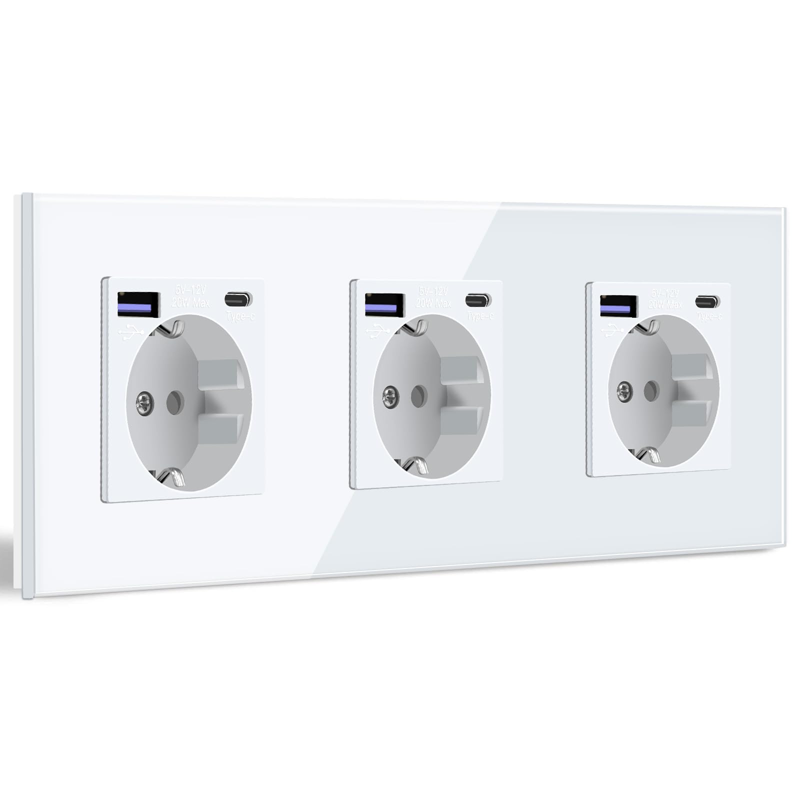 BSEED Enchufe de Pared Con USB C 20W, Schuko Blanco Con Cargador Rápido, 3 Gang Toma de Corriente Con 2 Cargadores y Tipo C, Integrado Adecuado