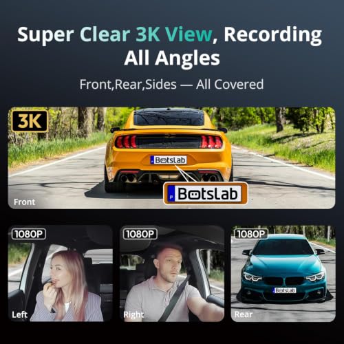 Image of BOTSLAB 4 Channel Dash Cam 3K Front and Rear Inside 560 Coverage with Magnetic Side Cameras Car Camera with 3.18 inchTouch Screen 24 /7 Parking Mode 5.8GHz WiFi GPS Voice Control (No SD Card)