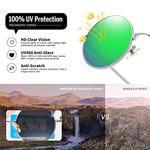 Image of MEETSUN Small Round Polarized Sunglasses for Men Women UV400 Metal Frame | Retro hippie circle sun glasses, for driving costume, party accessories, lightweight, stress-free fit, spring hinges