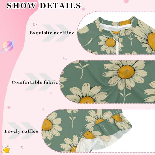 Girls One Piece Swimsuits Long Sleeve Swimsuit Zipper Bathing Suits Daisy Green Yellow Flower3