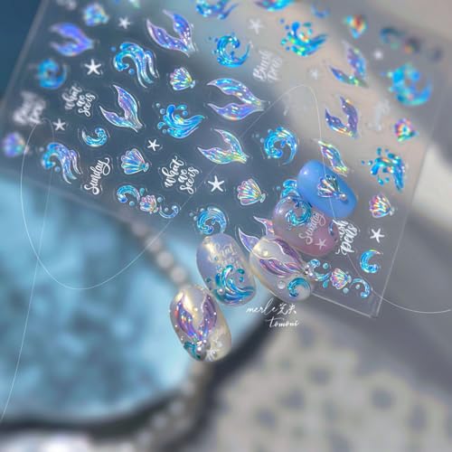 Image of Waves Nail Stickers Blue Nail Decals with Fish Tails Design 5D Embossed Summer Shells Nail Art Stickers Self Adhesive for Women DIY Decoration Accessories