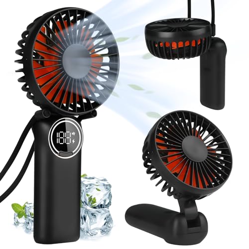 LtYioe Ventilador portátil de mano, mini ventilador de escritorio recargable con pantalla LED, ventilador personal plegable de 180° con cordón como ventilador de cuello, viento fuerte y 6 velocidades