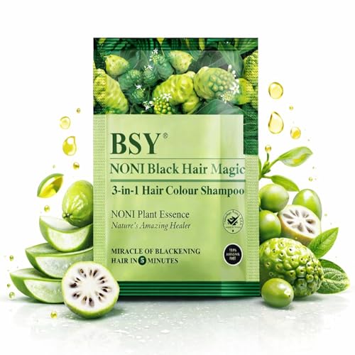 Image of BSY Noni Black Hair Magic 3 IN 1 Natural 5-Min Hair Colour Shampoo Black | Ammonia Free Long Lasting Hair Color Noni Fruit Extract No Hair Loss Grey Coverage Hair Dye for Women & Men (20ml-3 Sachet)