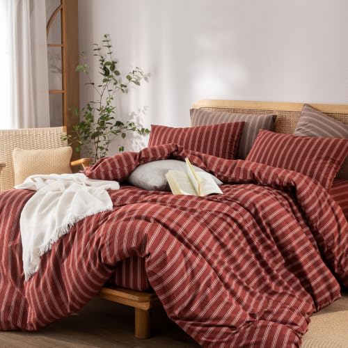 Image of BESTOUCH Striped Cotton Duvet Cover Set Linen Feel King | 100% Washed Cotton, Soft Wrinkle Texture, Hidden Zipper, 8 Ties, Breathable Lightweight Durable Comfy, 3 Pcs No Insert
