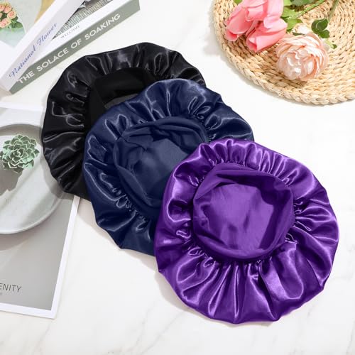 3PCS Kids Bonnets for Girls, Satin Silk Bonnet for Kids, Soft Wide Band Sleep Cap Toddler Bonnet Shower Caps(Black, Blue, Purple) 7
