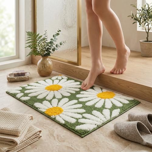 Image of LOOMLYFE Super Soft (40x60 cm) Microfibre 2000 GSM Bath Mat Super Absorbent Anti-Skid Door Mats for Home /Bathroom Mat /Bedroom /Kitchen /Floor Mat Pack of 1 - WhiteYellowFlower