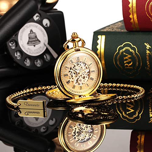 Treeweto Mens Antique Skeleton Mechanical Golden Pocket Watch Dragon Hollow Hunter With Chain And Box #TOP6